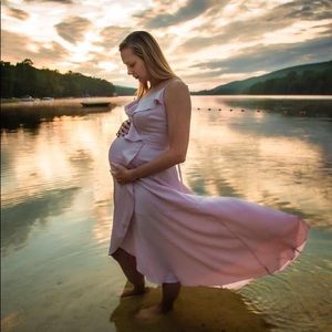 Little Mistress Maternity ruffle wrap midaxi satin dress in blush